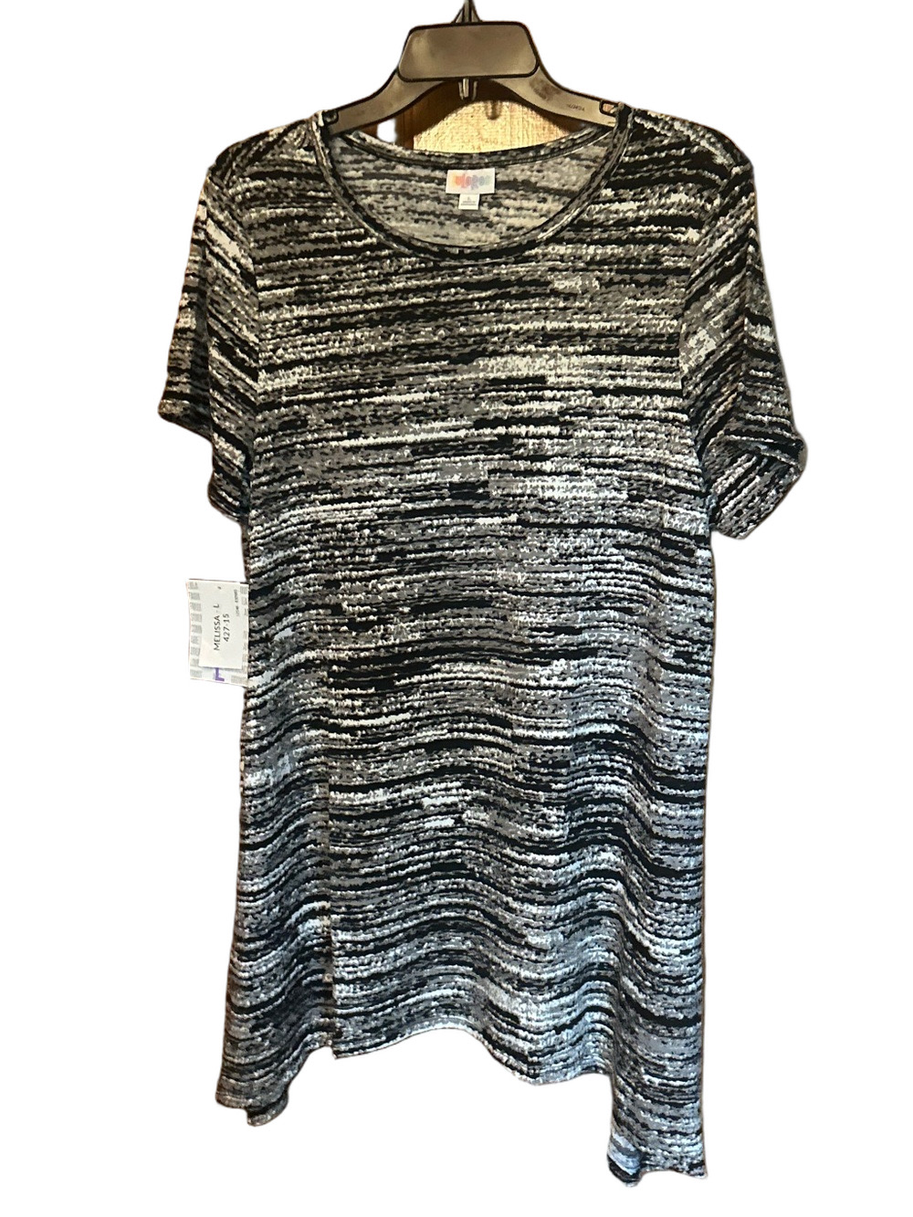 LuLaRoe Women’s Short-Sleeve Crewneck Top in Black and Gray - Melissa Large